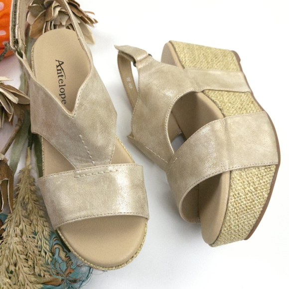 Antelope Shoes - Antelope Metallic Gold Wedge Sandals - Women's 38